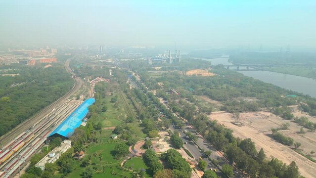 Delhi: Aerial view of capital city of India in spring - landscape panorama of South Asia from above