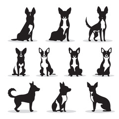 Chihuahua small dog vector icons and silhouettes. Set of illustrations in different poses.