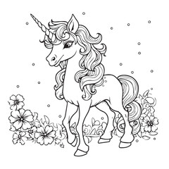 Beautiful unicorn with petals and flowers. Vector outline for coloring book. Cartoon coloring pages.