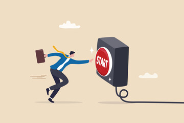 Push start button to start new business, entrepreneur to begin new company, startup to launch project, opportunity, decision to make or motivation concept, businessman run to push red start button. - obrazy, fototapety, plakaty