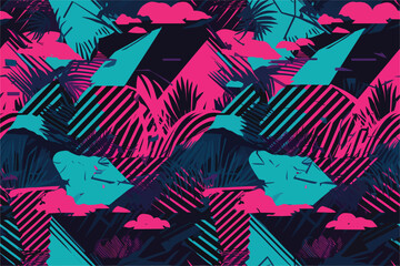 Obraz premium Retrowave exotic leaves summer funky shirt seamless pattern. 80s 90s pop art memphis style. Miami or Hawaii style. Expressive ornament for textile, wrapping. Vector.