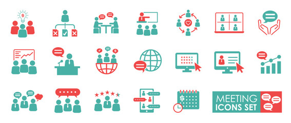Meeting icon set. Solid icon collection. It contains seminars, business meetings, presentations, online meetings, agreements, and discussion icons.
