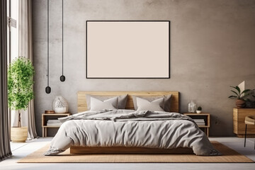 mock-up wall decor frame is hanging in bedroom, Generative AI