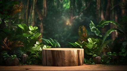 Fototapeta na wymiar Wooden Podium In Tropical Forest