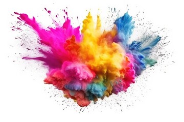 Multicolor explosion of holi powder isolated on white background. Generative AI