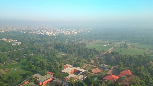 Delhi: Aerial view of capital city of India in spring, Raj Ghat memorial - landscape panorama of South Asia from above
