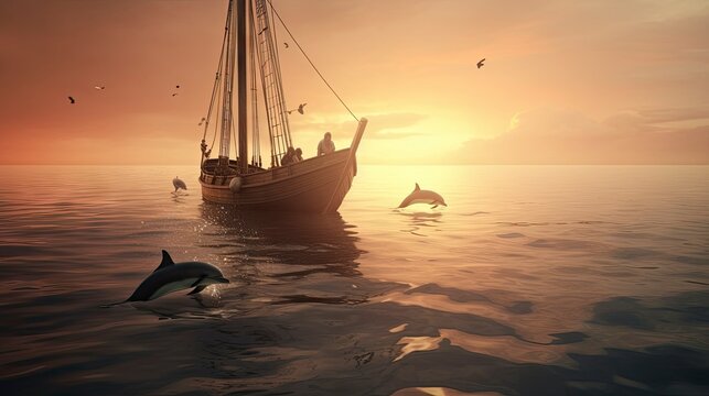 boat, dolphin jumps out of the water, view from the sea, beautiful sunrise, underwater world, clear water, AI generation