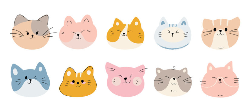 Naklejka Cute and smile cat heads doodle vector set. Comic happy cat faces character design of different cat breed with flat color isolated on white background. Design illustration for sticker, comic, print.