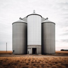 Obraz premium Tall metallic grain silo, on a farm. Ai generated.