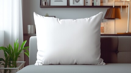 Blank white pillow on a couch in a living room. Generative AI.