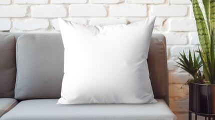 Blank white pillow on a couch in a living room. Generative AI.