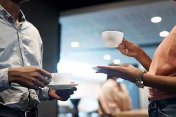 Coffee break, team and closeup with hands at networking event for a discussion with a partnership. Professional, teamwork and tea for conversation with hand at a company with communication. - obrazy, fototapety, plakaty