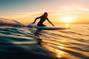 Silhouette of a young woman on surfboard in the waves at sunset. Ai generated.