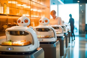 Robots serve restaurant customers and deliver orders to them. Ai generated.