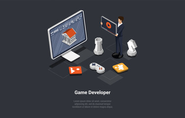 Concept Of Game Development. GameDev Character In Process Of Create And Develop New Computer Video Game Design. Digital Technology, Programming and Codding. Isometric 3d Cartoon Vector Illustration