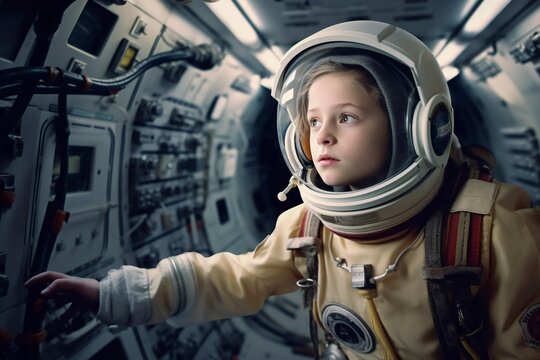 A young adventurer dons her astronaut suit and steps into the space station. Ai generated.