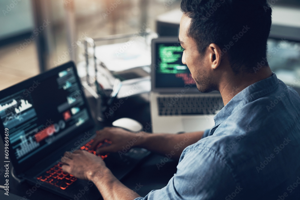 Poster Man, typing and programmer on laptop in office workplace for data, analysis or statistics. IT, computer and male coder, engineer or person programming, coding and software development for information