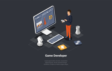 Game Development Concept. GameDev In Process Of Create And Develop New Computer Video Game Design. Digital Technology. Character Testing and Codding Game Interfase. Isometric 3d Vector Illustration