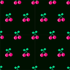 Y2K old computer style pixel pattern Cherry on black background
