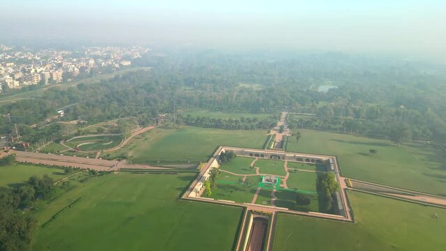 Delhi: Aerial view of capital city of India in spring, Raj Ghat memorial - landscape panorama of South Asia from above
