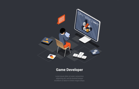 Game Development Concept. GameDev In Process Of Create And Develop New Computer Video Game Design. Digital Technology. Man Testing and Codding Game Interfase. Isometric 3d Cartoon Vector Illustration