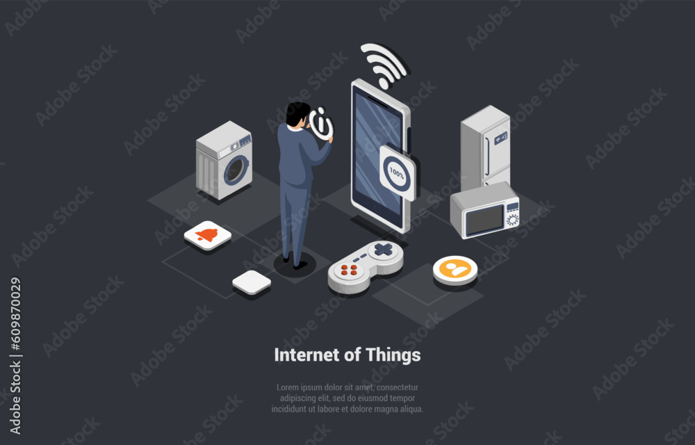 Aufkleber concept of smart home technologies and internet of things and machine interface. man male character 
