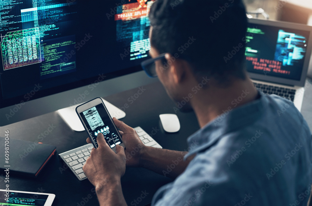 Aufkleber Programming, smartphone or man typing, cyber security or digital software with internet connection. Male person, programmer or coder with a cellphone, technology or analytics with website information