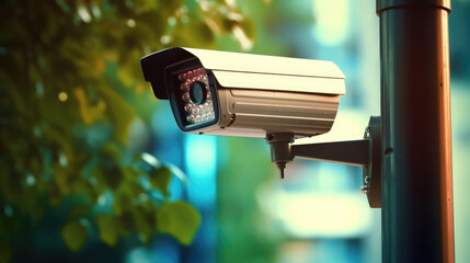 Professional surveillance camera with urban bokeh background. 