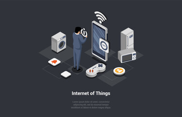 Concept Of Smart Home Technologies And Internet Of Things and Machine Interface. Man Male Character Controls the Operation of Household Appliances Using Smartphone. Isometric 3d Vector Illustration