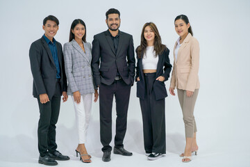 Portrait group of business man and woman stand with confidence action also look at camera with smiling and isolated on white background.