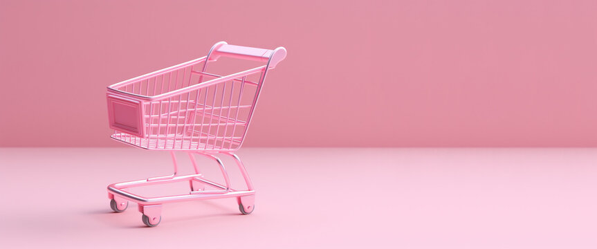 Generative AI, pink shopping cart on pink background, minimalistic shop online, free delivery, discounts and sale concept.