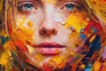 oil portrait painting in multicolored tones, Generative AI