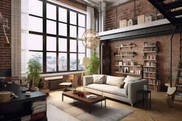 Living room interior in loft, industrial style,  Generative AI