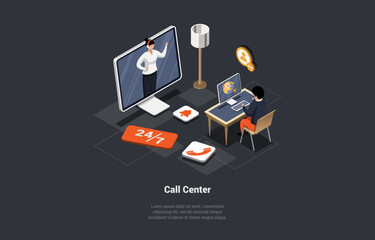 Concept Of Call Center, Technical Support 24 7. Hotline Operator Advise Customers. Man Call Technical Support To Ask Question Online About Goods And Services. Isometric 3d Cartoon Vector Illustration