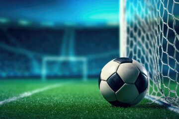 Soccer ball in goal net on blue stadium and green field background, Generative AI