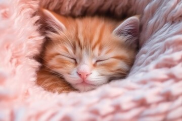 Cute little kitten sleeps on fur white blankets sofa, Generatie AI