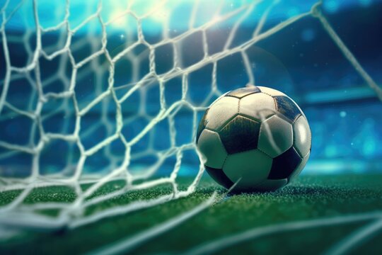Soccer ball in goal net on blue stadium and green field background, Generative AI