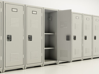 Metal locker storage cabinets for school, fitness club or gym isolated on white background. 3D illustration