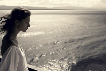 Fototapeta premium woman in the stunning dress walks fearlessly on the edge of the cliff, gazing out at the horizon. Ai generated.