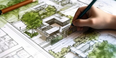 Sketch of the planning of a sustainable residential area. Ai generated.