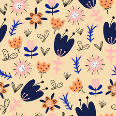 Cute seamless pattern with decorative plants and flowers in doodle style. Perfect for kids fabric, textile, nursery wallpaper.  Vector