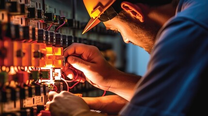 Close-up of a male electrician working on a circuit board. generative AI