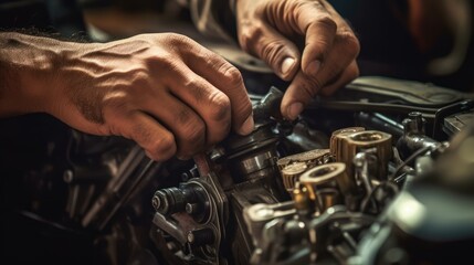 Close up of mechanic hands repairing motorcycle engine. man at work concept. Selective focus. generative AI