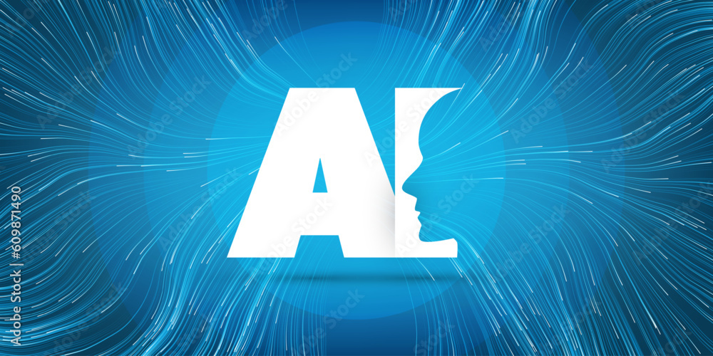 Poster blue machine learning, artificial intelligence and neural networking design concept with human or ro