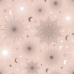 Hand drawn seamless pattern of different Sun, Moon, sunburst, stars. Celestial bursting sun rays vector. Magic space galaxy sketch illustration for greeting card, wallpaper, wrapping paper, fabric