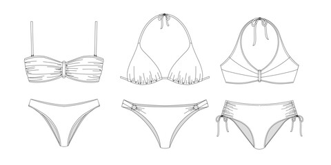 Woman sustainable swimwear, technical drawing, template, sketch, flat, mock up. Recycled PA, Recycled PES, Lycra fabric swimwear front view, white color