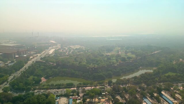 Delhi: Aerial view of capital city of India, famous landmark Purana Qila fort (Old Fort) - landscape panorama of South Asia from above
