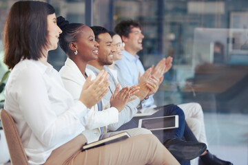 Business people, meeting and applause for presentation, motivation or team collaboration at the...
