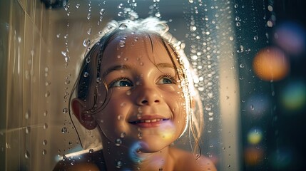 Happy little girl taking shower in bathroom colorful sunlight bokeh background, close up smiling girl face taking warm shower with water splash and jets, funny kid washed up in shower, generative AI - Powered by Adobe