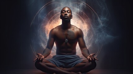 Black man meditating in lotus pose sits on abstract colorful lights background, mind healthiness meditation exercise for increasing creativity, reducing negative emotions, generative AI